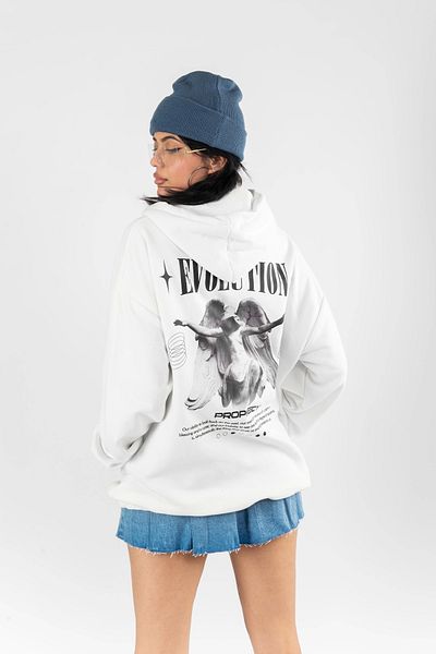 Bak Moda Evolution Printed Oversize Unisex Hooded White Hoodie