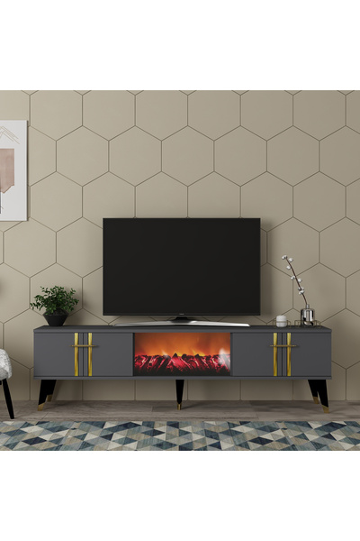 DEMONTE DECOR ASSEL  ŞÖMİNELİ TV SEHPASI (ALT MODÜL) ANTRASİT-ALTIN