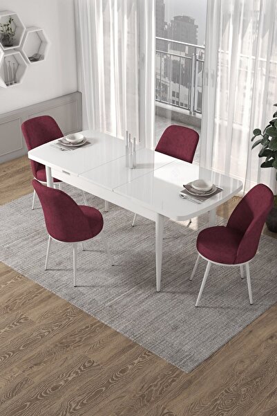 Canisa Kor Serisi 70x114 Açılabilir Mutfak Masası Takımı Beyaz Masa 4 Bordo Sandalye