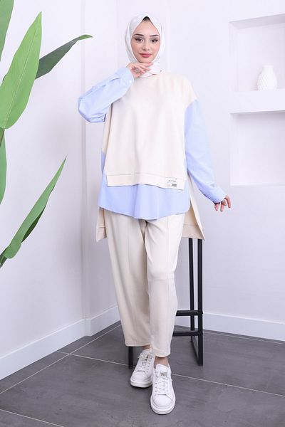 İmajButik Cream Shirt Garnished Pants Suit