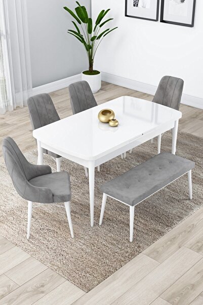 Canisa Concept Lia Serisi Beyaz Masa Açılabilir 80x132 Mutfak Masa Takımı 4 G...