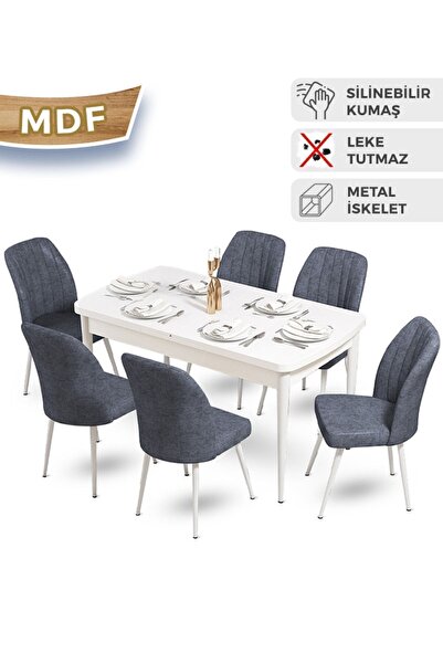 Canisa Concept Mun Serisi 80x132 Açılabilir Mdf Beyaz Mutfak Masa Takımı 6 Fü...