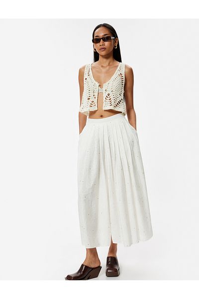 Koton Viscose Fabric - Pleated Long Flared Skirt, Pocketed Flower Patterned Slit