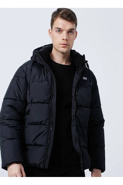 Lee Black Puffer Jacket - Regular Fit, Hooded, Regular Fit
