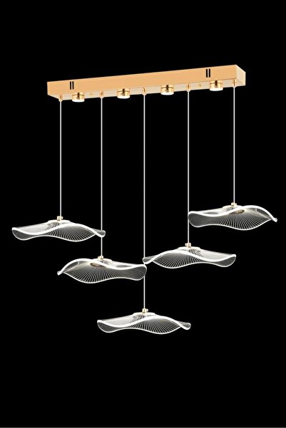 İstanbul Avize Şapka Kumandalı Led Yemek Masası 5'li Gold Üç Renk Ledli Lüx Modern Ledli Avize