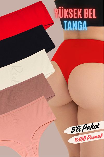 red iç giyim High Waist Women's Cotton Thong Economic Pack of 5