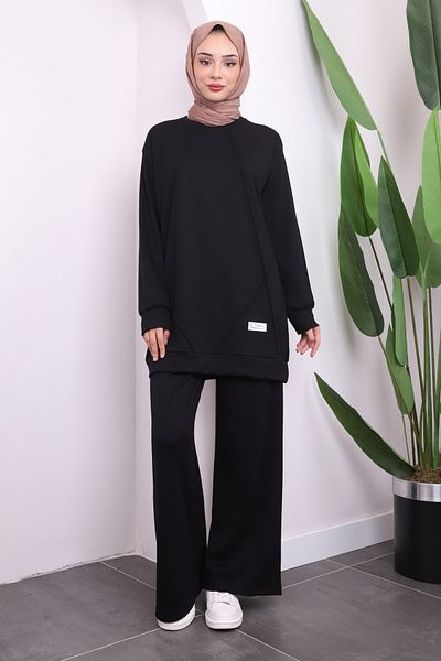 İmajButik Μαύρο κοστούμι παντελόνι με λαιμόκοψη Modal Tunic