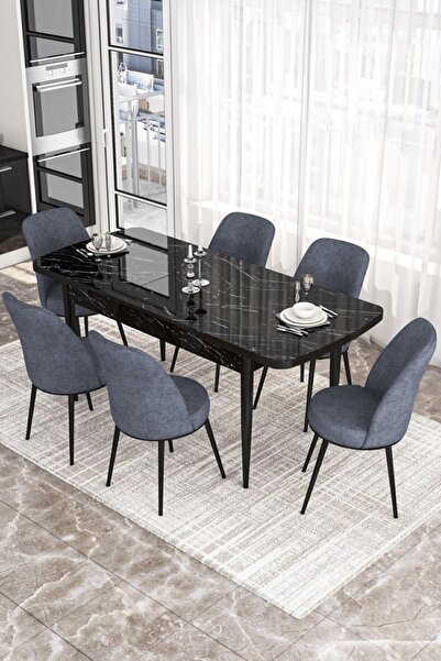 Canisa Concept Via Serisi 80x132 Açılabilir Mutfak Masası Takımı Siyah Mermer...