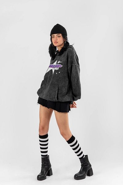 Bak Moda Washed y2K Gengar Back Printed Oversize Unisex Smoked Hoodie