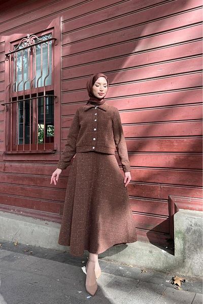Lamia Giyim Silvery Medallion Buttoned Tweed Hijab Set Brown