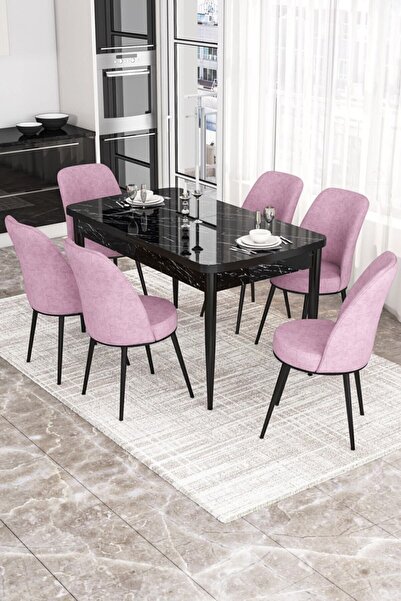 Canisa Concept Via Serisi 80x132 Açılabilir Mutfak Masası Takımı Siyah Mermer...