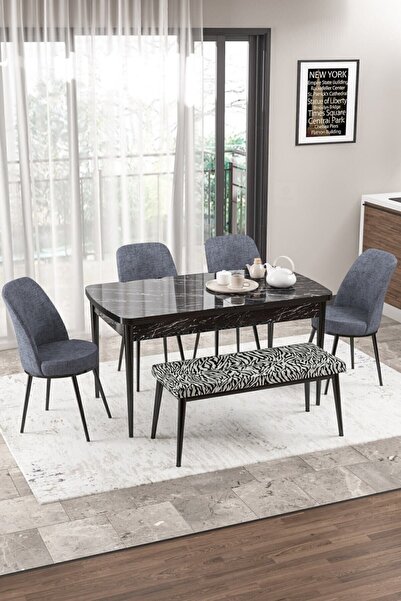 Canisa Concept Via Serisi Açılabilir Mutfak Masası Takımı Siyah Mermer Desen ...