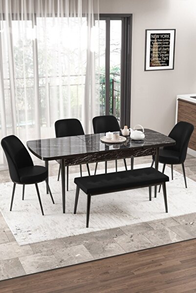 Canisa Concept Via Serisi Açılabilir Mutfak Masası Takımı Siyah Mermer Desen Masa 4 Siyah Sandalye 1 Bench