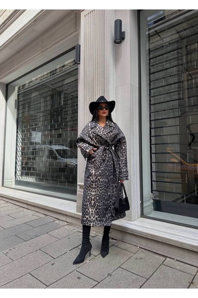 LB Laluna Butik Women's Leopard Cuff Detailed Belted Long Cashmere Coat Oversize Relaxed Fit