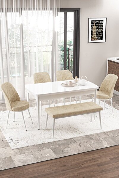 Canisa Concept Via Serisi Açılabilir Mutfak Masası Takımı Beyaz Masa 4 Krem S...