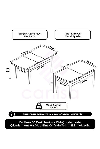 Canisa Concept Zen Serisi 80x132 Mdf Açılabilir Beyaz Mutfak Masası