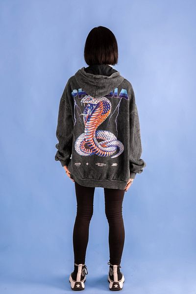 Bak Moda Πλυμένο Phobia Back Printed Unisex Oversize Μαύρο Hoodie