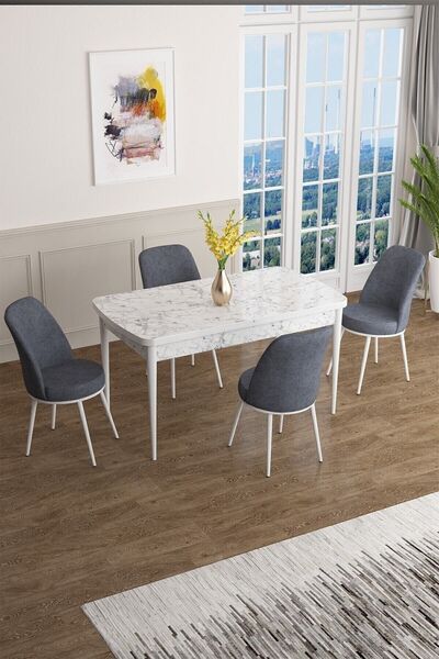 Canisa Concept Han Serisi 70x114, Açılabilir Mdf Mutfak Masa Takımı, Beyaz Me...