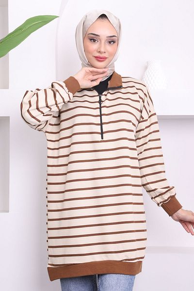 İmajButik Καφέ ριγέ γιακά με φερμουάρ