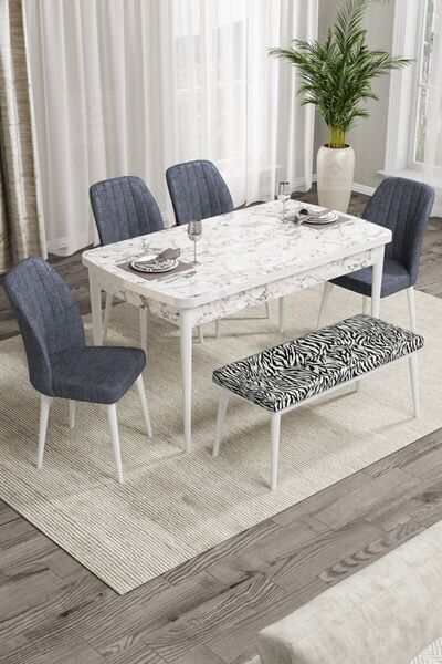 Canisa Concept Rio Serisi Bench'li Beyaz Mermer Desenli Mdf Mutfak Masası 4 Pembe Sandalye