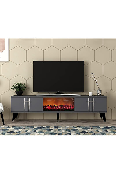 DEMONTE DECOR ASSEL  ŞÖMİNELİ TV SEHPASI (ALT MODÜL) ANTRASİT-GÜMÜŞ