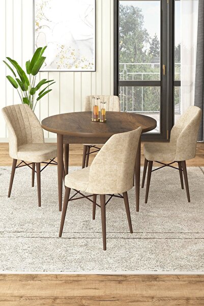 Canisa Concept Rox Serisi 90x90 Yuvarlak Sabit Barok Ahşap Desen Masa Takımı Ve 4 Krem Sandalye