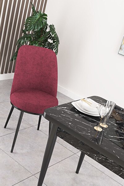 Canisa Concept Nil Serisi 70x110 Sabit Mutfak Masası Takımı Siyah Mermer Desen Masa 4 Bordo Sandalye