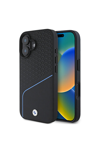 BMW iPhone 16 Kılıf BMW  Uyumlu Lisanslı Magsafe Özellikli Metal Logolu Dokulu ve Çizgili Deri Siyah