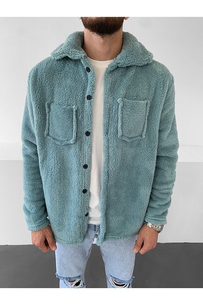 NO1 KONSEPT Jachetă de pluș slim fit, verde apă, cu buzunare duble