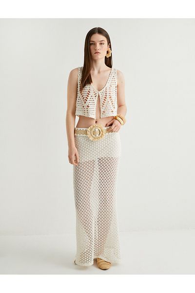 Koton X Melis Ağazat - Long Crochet Vest Openwork Short Lined