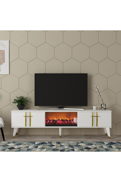 DEMONTE DECOR ASSEL  ŞÖMİNELİ TV SEHPASI (ALT MODÜL) BEYAZ-ALTIN