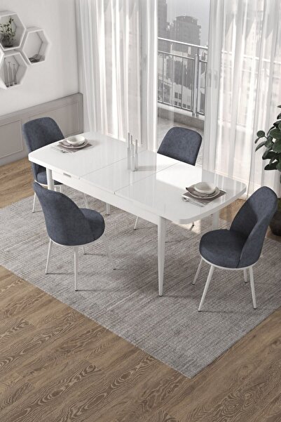 Canisa Concept Kor Serisi 70x114 Açılabilir Mutfak Masası Takımı Beyaz Masa 4 Füme Sandalye