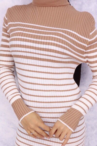 benguen 6143 Model Mink Turtleneck Striped Knitwear Dress