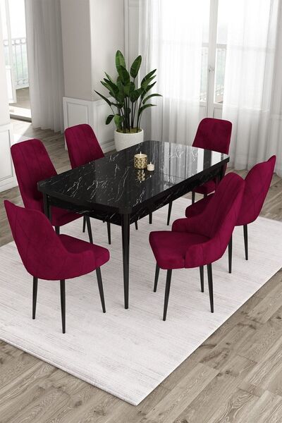 Canisa Ram Serisi 80x132 Açılabilir Mutfak Masası Takımı Siyah Mermer Desen M...