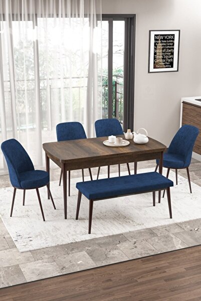 Canisa Concept Via Serisi Açılabilir Mutfak Masası Takımı Barok Desen Masa 4 Lacivert Sandalye 1 Bench