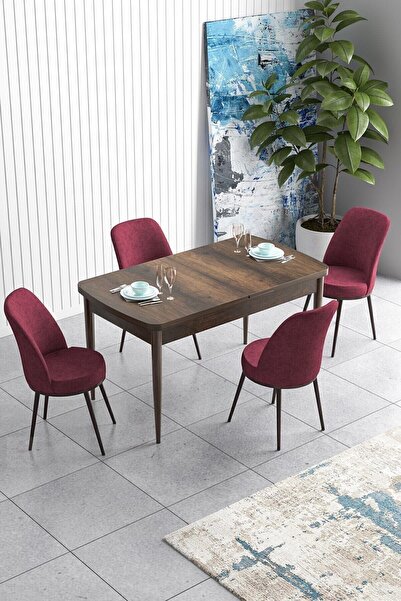 Han Series 70x114, Openable Mdf Kitchen Table Set, Baroque Wood Pattern Table and 4 Burgundy Chairs