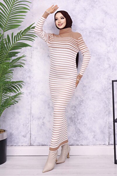 benguen 6143 Model Mink Turtleneck Striped Knitwear Dress