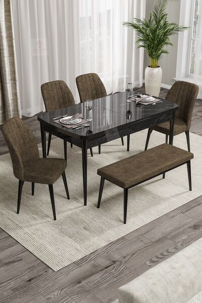 Canisa Concept Rio Serisi Bench'li Siyah Mermer Desenli Mdf Mutfak Masası 4 K...