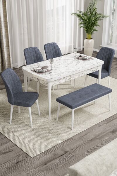Canisa Concept Rio Serisi Bench'li Beyaz Mermer Desenli Mdf Mutfak Masası 4 F...