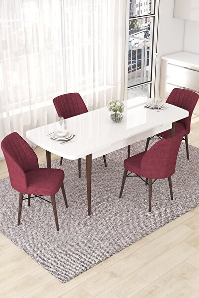 Canisa Nef Serisi 70x114 Açılabilir Mdf Beyaz Masa Ceviz Ayak Masa Takımı Ve 4 Bordo Sandalye