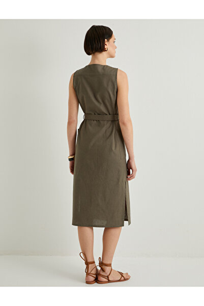 Koton Lněné midi košilové šaty s výstřihem do V, pasem a detailem knoflíku