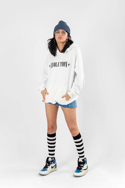 Bak Moda Evolution Printed Oversize Unisex Hooded White Hoodie