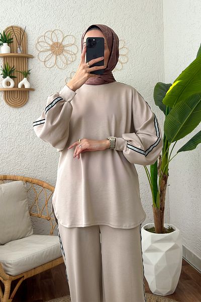 Salih Çelebi Beige Color Glitter Stripe Tracksuit Set - 2187