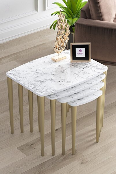 Canisa Concept Telwe Serisi, 1.sınıf Mdf 4'lü Zigon Sehpa Takım, Beyaz Mermer...