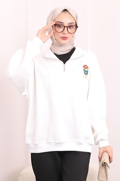 İmajButik Φούτερ με φερμουάρ εκρού με τρεις κλωστές