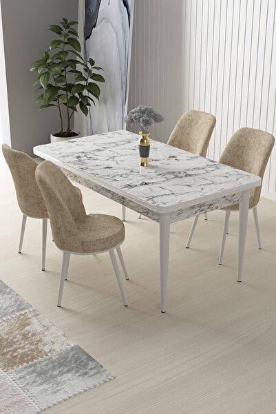 Canisa Concept Nil Serisi 70x110 Sabit Mutfak Masası Takımı Beyaz Mermer Desen Masa 4 Krem Sandalye