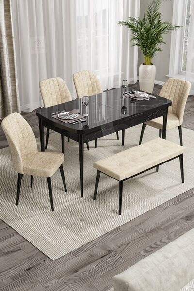 Canisa Concept Rio Serisi Bench'li Siyah Mermer Desenli Mdf Mutfak Masası 4 K...