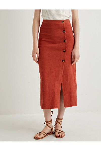 Koton Keten Karışımlı Etek Midi Düğmeli Yırtmaç Detaylı Normal Bel