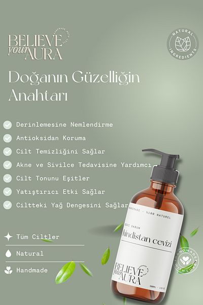 Believe Your Aura 100% Natural Coconut Oil Hand and Skin Liquid Soap - E-Vitamin Aloe Vera Shea Butter - 500 ml