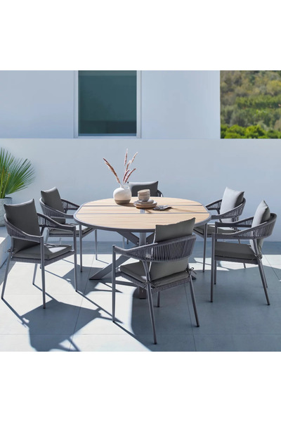 SCY Octobris Dış Mekan 6 Kişilik Bahçe Yemek Masa Takım Örgü Sandalye Ahşap M...